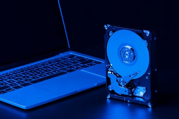 hard drive with blue light and l